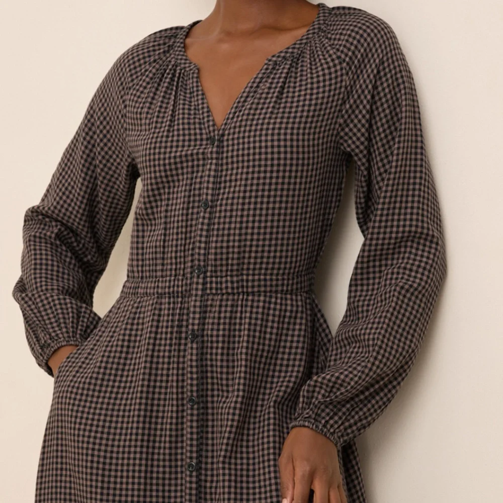 Pact Coastal Double Guaze Poet Sleeve Dress in Autumn Gingham - Picture 4 of 6